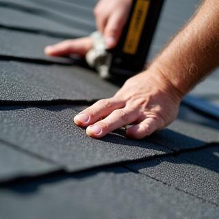 Close-up of a roofer's hands working on shingle installation