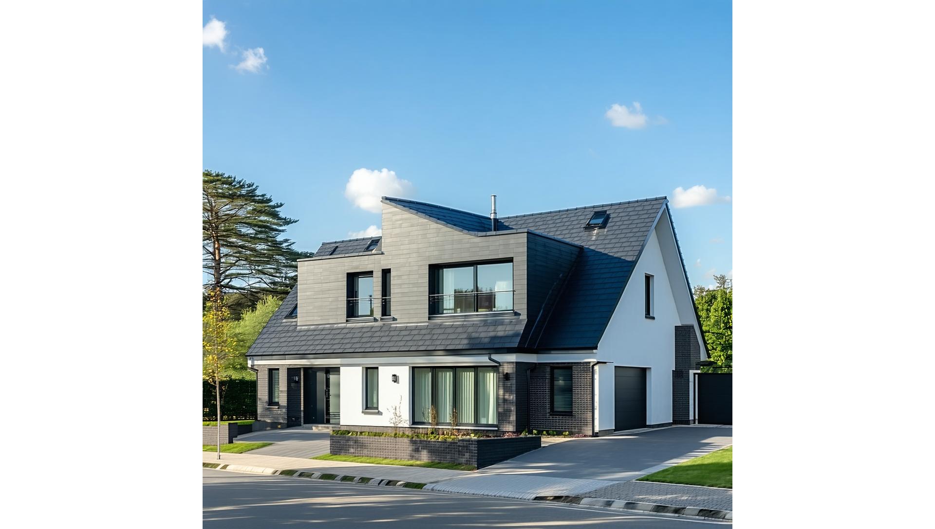 Modern residential house with new dark gray roof and clear blue sky