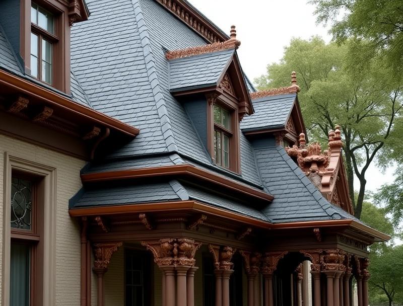 Historic building with restored copper gutters and slate roof