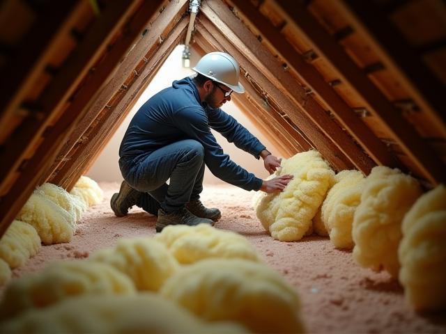 Worker installing fiberglass insulation in an attic space