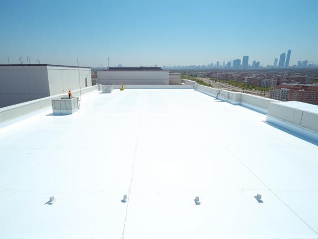 Commercial building with a flat TPO roof system under construction