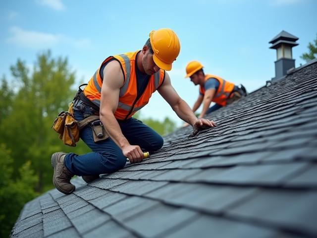 Skilled roofers installing asphalt shingles on a residential roof