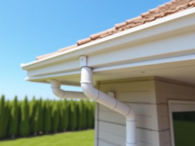 Brand new seamless white gutters on a house, clearly visible